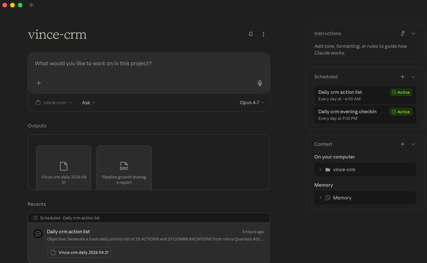 Vince’s Claude workspace showing scheduled daily CRM tasks and generated documents, used as a teaching example.