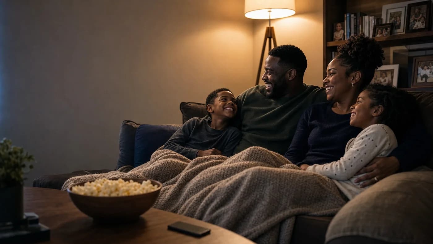 A living family spending an evening together, illustrating reclaimed attention and presence